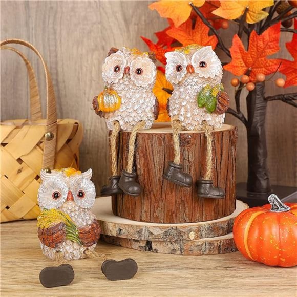 Set of 3 Thanksgiving Figurines, Resin Owl Shelf Sitters with Dangling Legs - Picture 7 of 8